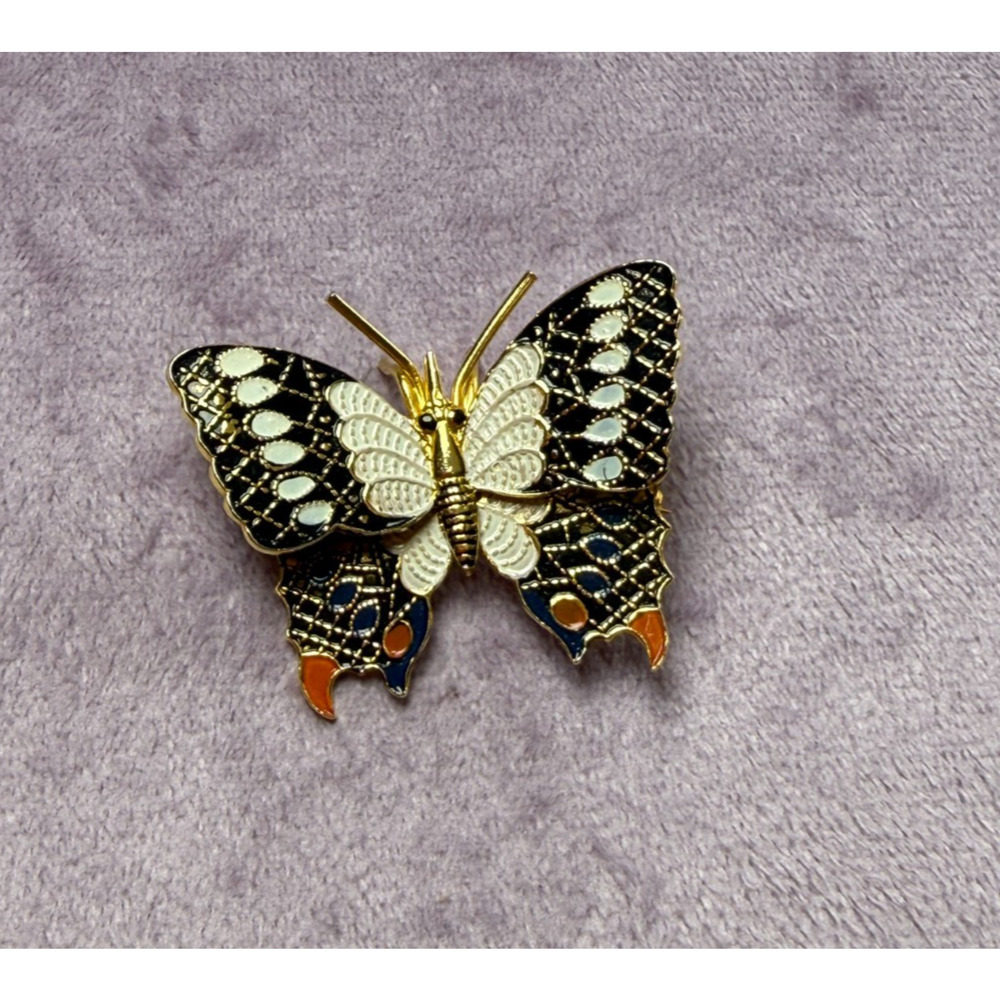 Vintage Gold Tone Orange Tail Damascene Butterfly Brooch Pin Marked Spain Enamel - Picture 4 of 4